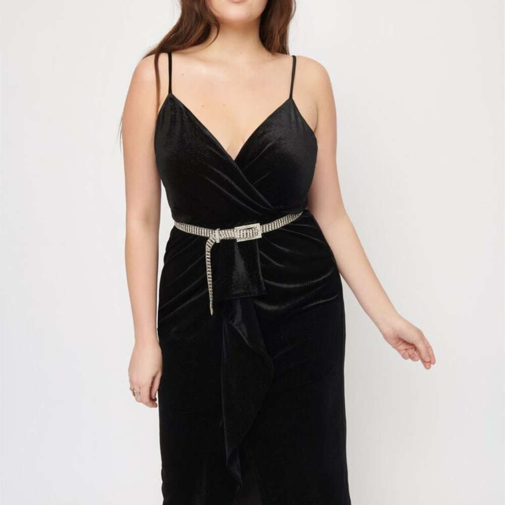 DYNAMITE Black  Velvet Midi Ruffle Wrap Dress Size Small NWOT